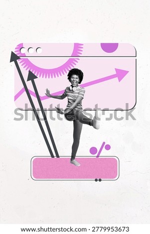 Image vertical 3d collage poster of happy businesswoman businessman stand arrow gearwheel optimization line goal achievement.