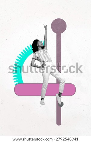 Image vertical 3d collage poster of happy businesswoman businessman stand gearwheel optimization line goal achievement progress.