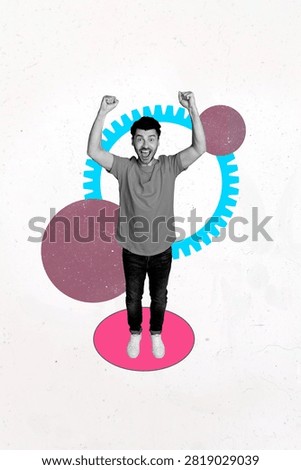 Image vertical 3d collage poster of happy businesswoman businessman stand gearwheel optimization line goal achievement progress.
