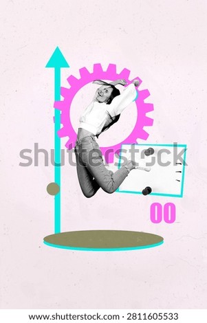 Image vertical artwork collage of happy businesswoman businessman stand gearwheel arrow development sticker memo workload.