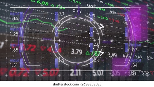 Image of viewfinder, glitch, numbers and financial data on digital screen. Global finance, economy, data processing and technology concept digitally generated image.