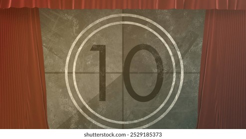 Image of vintage movie countdown in circle over brown curtains. Digitally generated, hologram, film industry, projection, film reel, timer and technology concept. - Powered by Shutterstock