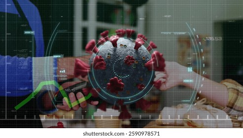 Image of virus cell and data processing over caucasian woman paying with credit card. Global pandemic, healthcare, science and digital interface concept digitally generated image. - Powered by Shutterstock - Get 15% off with code: PIKWIZARD15