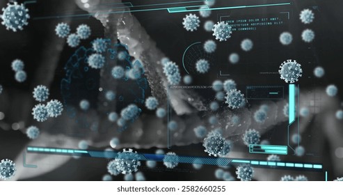 Image of virus cells and data processing over cells. Global science, technology and digital interface concept digitally generated image.
