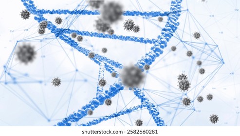 Image of virus cells and dna strand over white background. Global science, technology and digital interface concept digitally generated image. - Powered by Shutterstock - Get 15% off with code: PIKWIZARD15