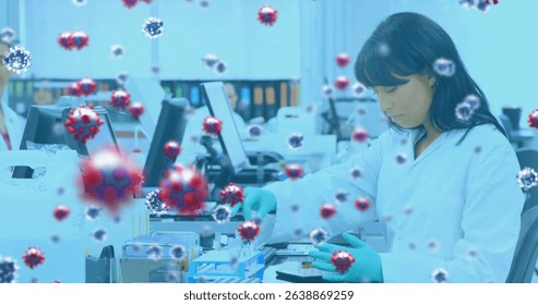 Image of virus cells over diverse doctors. Global pandemic and digital interface concept digitally generated image.