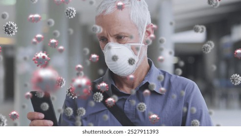 Image of virus cells over senior caucasian man wearing face mask. Global medicine and healthcare concept digitally generated image. - Powered by Shutterstock