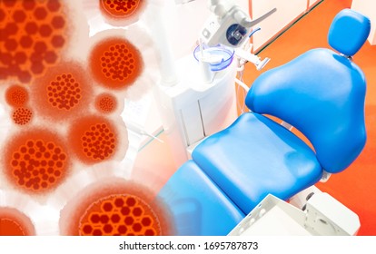 Image Of A Virus Over A Dental Chair. Concept - Non-sanitized Dentist Tools. Concept - Infection Of The Teeth With A Dentist’s Tools. Patient Has Contracted A Virus From A Dentist. Doctor Negligence