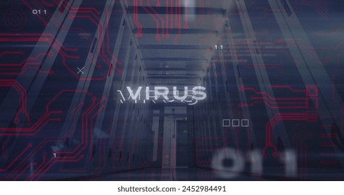 Image of virus text, binary codes and computer language, low angle view of server room. Digital composite, multiple exposure, coding, networking, technology and network server concept.