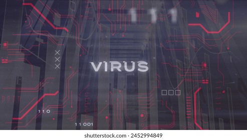 Image of virus text and binary codes over graphs against low angle view of server room. Digital composite, multiple exposure, report, business, networking, data server and technology concept.