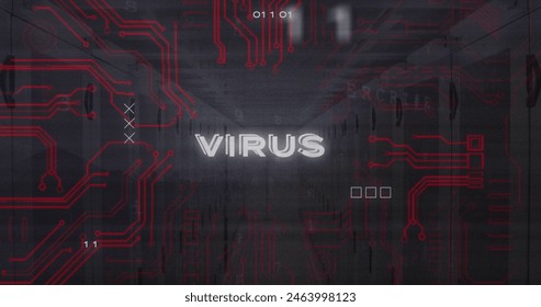 Image of virus text, binary codes and circuit board pattern over server room. Digital composite, multiple exposure, coding, power supply, networking, technology and network server concept.