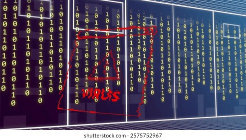 Image of virus text, binary coding and data processing over computer servers. Global cyber security, connections, cloud computing and data processing concept digitally generated image.