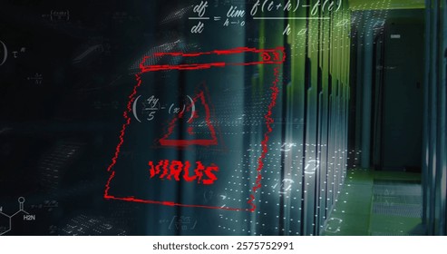 Image of virus text, binary coding and data processing over computer servers. Global cyber security, connections, cloud computing and data processing concept digitally generated image.