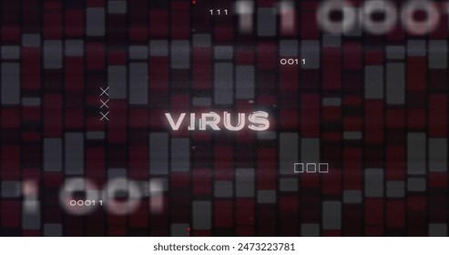 Image of virus text, circuit board texture, binary codes over red and white bars in background. Digitally generated, hologram, danger, coding, machine learning and technology concept.