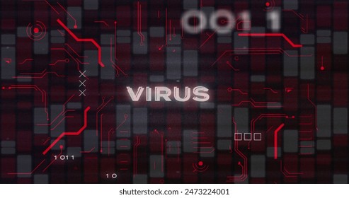 Image of virus text, circuit board texture, binary codes over red and white bars in background. Digitally generated, hologram, danger, coding, machine learning and technology concept.
