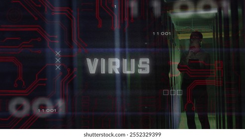 Image of virus text over data processing caucasian female worker in server room. Technology and digital interface concept digitally generated image. - Powered by Shutterstock