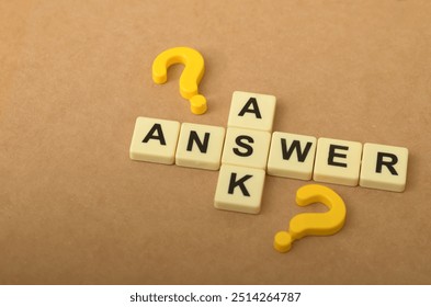 The image visually represents the relationship between asking questions and finding answers, with the letters forming the word "ANSWER" intersecting with question marks.