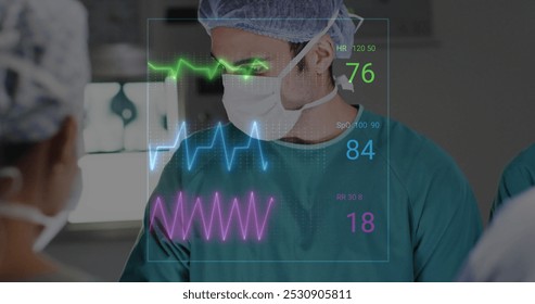 Image of vital signs readings over biracial male surgeon at work in operating theatre. Medical and healthcare services concept digitally generated image. - Powered by Shutterstock