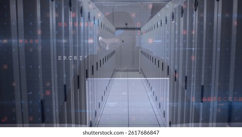 Image of warning text and data processing over computer servers in background. global internet security, data processing and digital interface concept digitally generated image.