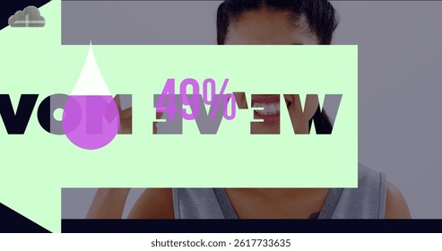 Image of water drop with growing number and text over biracial woman. global business, data processing and digital interface concept digitally generated image.