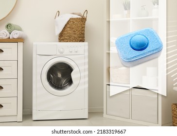 Image Of Water Softener Tablet And Modern Washing Machine In Laundry Room