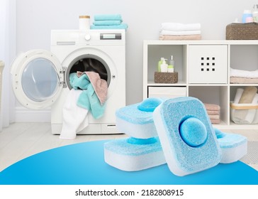 Image Of Water Softener Tablets And Modern Washing Machine In Laundry Room