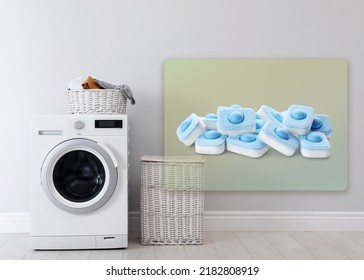 Image Of Water Softener Tablets And Modern Washing Machine In Laundry Room