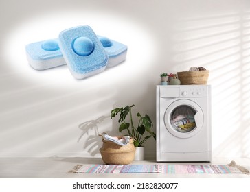 Image Of Water Softener Tablets And Modern Washing Machine In Laundry Room