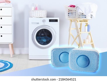 Image Of Water Softener Tablets And Modern Washing Machine In Laundry Room