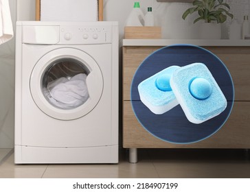 Image Of Water Softener Tablets And Modern Washing Machine In Laundry Room