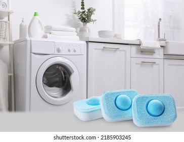 Image Of Water Softener Tablets And Modern Washing Machine In Laundry Room