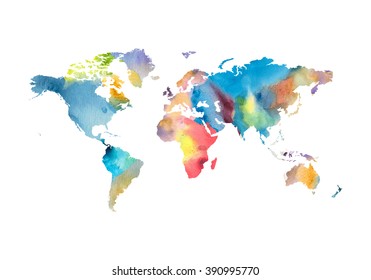 Image of watercolor world map on white. 