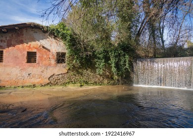 Image Of Waterfall And A Pink Picturesque Wall Of House Near Isola Farnese, Favorite Walking Place Of Italians