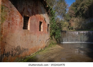 Image Of Waterfall And A Pink Picturesque Wall Of House Near Isola Farnese, Favorite Walking Place Of Italians