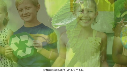 Image of watering plants over diverse children smiling. Recycle week, ecology and celebration concept digitally generated image. - Powered by Shutterstock