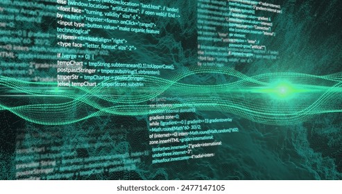 Image of wave pattern and computer language with dynamic waves over black background. Digitally generated, hologram, illustration, coding, data, connection and technology concept. - Powered by Shutterstock