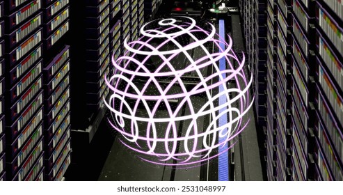 Image of waves and globe moving over servers. Global network, data processing, digital communication and technology concept digitally generated image.