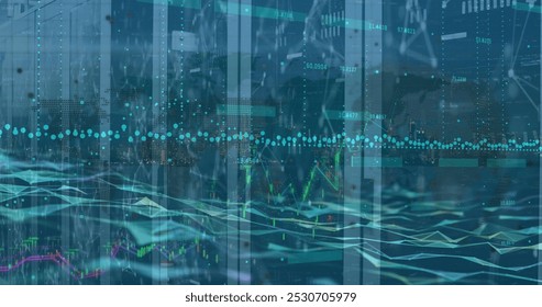 Image of waves and graphs over servers. Network, connections, data processing and technology concept digitally generated image.