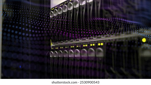 Image of waves made of dots moving over servers. Global network, data processing, digital communication and technology concept digitally generated image.