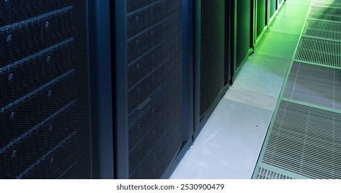 Image of waves moving over servers. Global network, data processing, digital communication and technology concept digitally generated image.