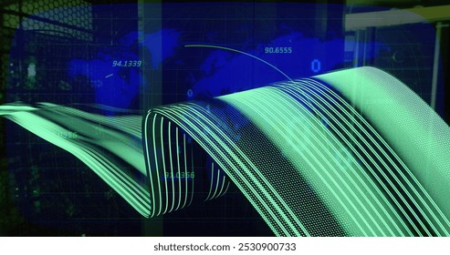 Image of waves and numbers over world map and servers. Computers, network, data processing and technology concept digitally generated image.