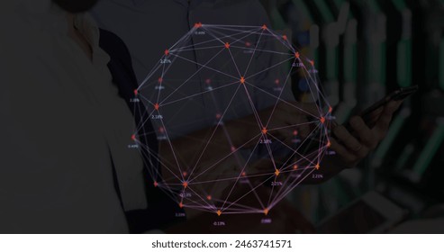 Image of web of connections with numbers floating over a gorup of people using tablets. global networking concept digital composite. - Powered by Shutterstock - Get 15% off with code: PIKWIZARD15