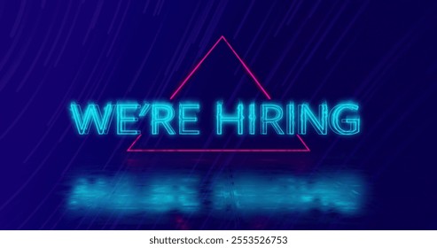Image of we're hiring neon text over neon pattern on dark background. Global retail, online shopping, digital interface, communication and data processing concept digitally generated image. - Powered by Shutterstock - Get 15% off with code: PIKWIZARD15