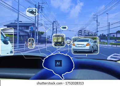 Image in which the AI algorithm is represented by the brain and the control information for automatic driving as viewed from the driver's seat is linked.