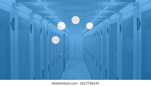 Image of white dots over server room. global connections, computing and digital interface concept digitally generated image.