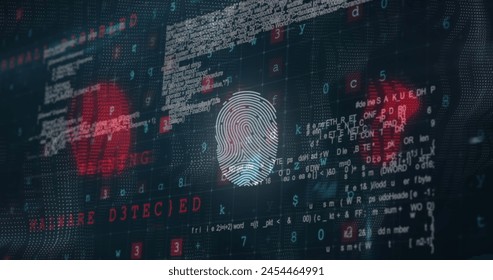 Image of a white fingerprint spinning over data processing. Digital online security computer interface concept digitally generated