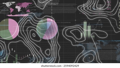Image of white lines over data processing on black background. Global technology, computing, communication and digital interface concept digitally generated image.