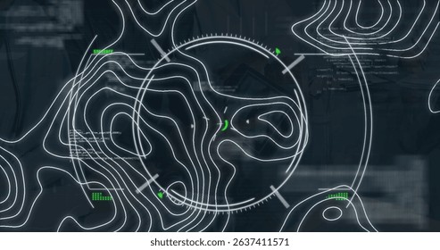 Image of white lines over financial data processing. Global business digital interface technology and networking concept digitally generated image.