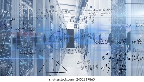 Image of white particles, blue light trails and mathematical equations over computer server room. Business data storage technology concept