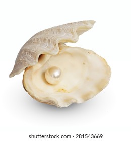 Image Of A White Pearl Ball In A Open Oyster Shell Isolated On White. This Has Clipping Path.
